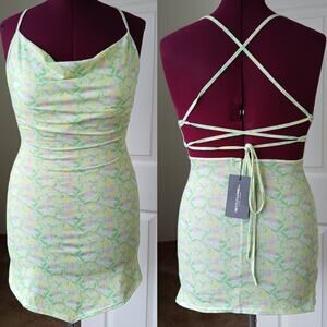 PrettyLittleThing Lime Ditzy Print Lace Up Back Shift Dress sz 4 mini halter NOS